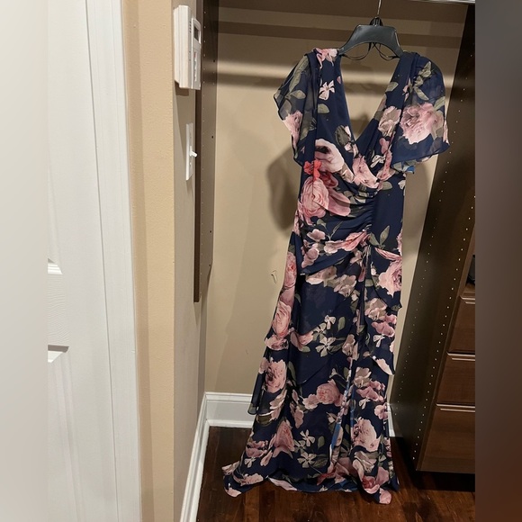 Xscape Flutter Sleeve V-Neck Maxi Dress in Blue and Pink - Picture 1 of 6
